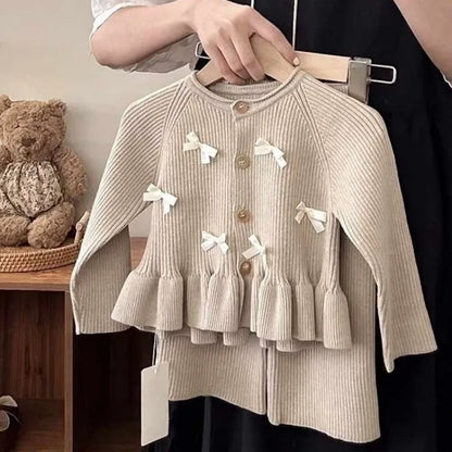 Girls' Clothing Set Spring and Autumn New Style Children's Fashion Bow Lace Knitted Cardigan Pants 2-piece Set