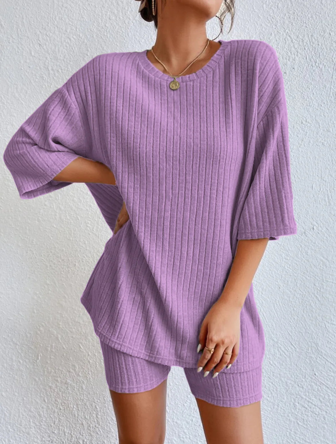 Fashionable Knitted Loose Casual Round Neck Summer Shorts Top Set Women'S Clothing Comfortable Breathable Solid Color Shorts Set