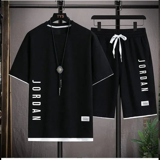 New Waffle Summer Casual T-shirt Shorts Set Men's Sportswear Youth Loose Set