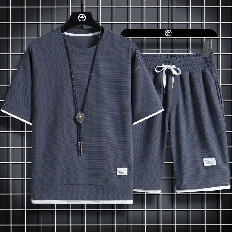 Men's Summer Waffle Set Brand Fashion Casual T-shirt Shorts Set Men's Sports Set Loose ComfortableSlow Running Quick Sports Suit