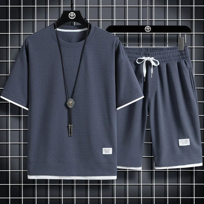 Men's Summer Waffle Set Brand Fashion Casual T-shirt Shorts Set Men's Sports Set Loose ComfortableSlow Running Quick Sports Suit