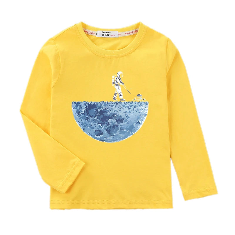 Boys Long Sleeved Shirt Astronaut Funny T-shirt Spring Autumn Cotton Clothes Kid Spaceman Fashion Tops