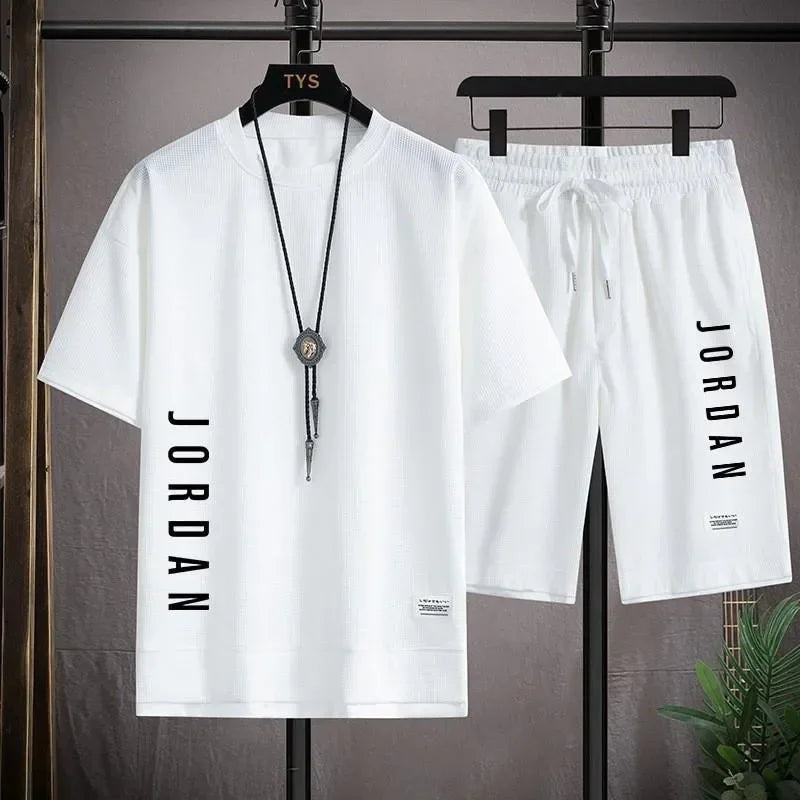 New Waffle Summer Casual T-shirt Shorts Set Men's Sportswear Youth Loose Set