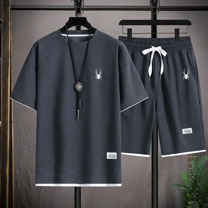 New Waffle Summer Casual T-shirt Shorts Set Men's Sportswear Youth Loose Set