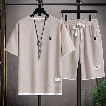 New Waffle Summer Casual T-shirt Shorts Set Men's Sportswear Youth Loose Set