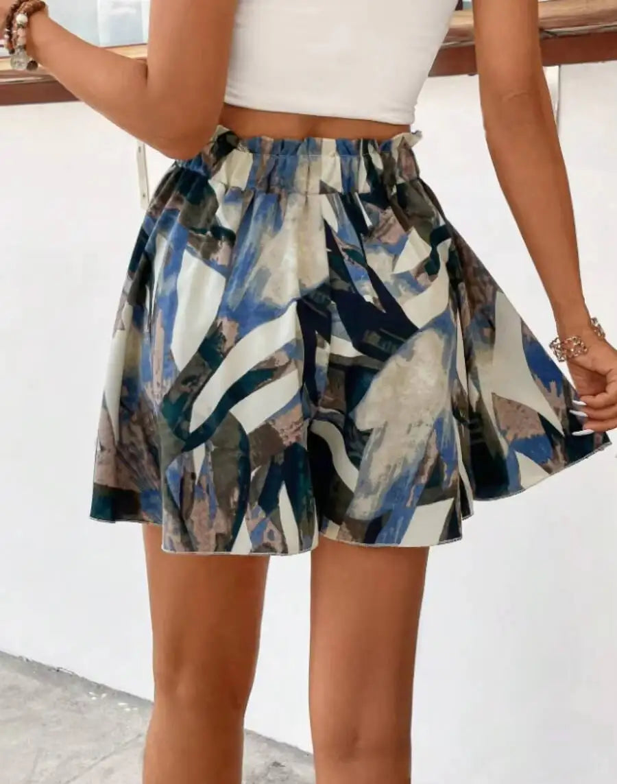 Women High Waist Drawstring Shorts Abstract Printed Flowy A Line Shorts Boho Spring Summer Beach Vacation Lightweight Shorts
