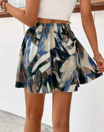 Women High Waist Drawstring Shorts Abstract Printed Flowy A Line Shorts Boho Spring Summer Beach Vacation Lightweight Shorts
