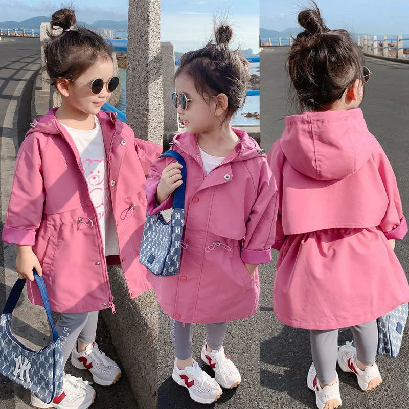 2025 Hot Selling Spring Autumn Girls Coat Long Style Waist Retractable Hoodies Windbreaker Jacket For 3-12 Years Old Kids