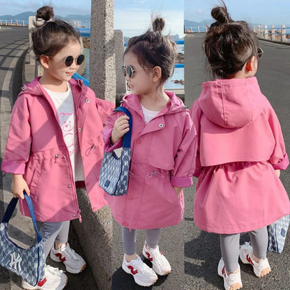 2025 Hot Selling Spring Autumn Girls Coat Long Style Waist Retractable Hoodies Windbreaker Jacket For 3-12 Years Old Kids