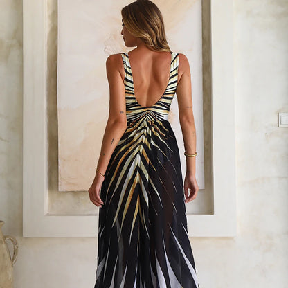 2025 New Fashion Women V-neck Tiger Stripe Print One Piece Swimsuit Skirt Summer Hollow Out Backless Vacation Dresses Swimsuit