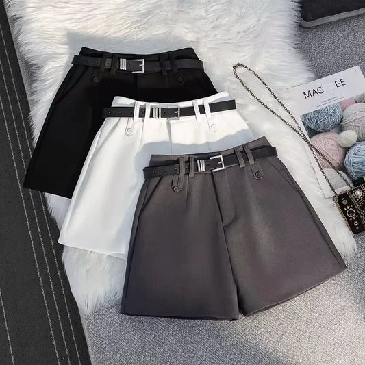 Gray Suit Short Pants Women's Casual High Waist Loose Wide Leg A- Line Pants Versatile Loose Fit Summer Outerwear Shorts