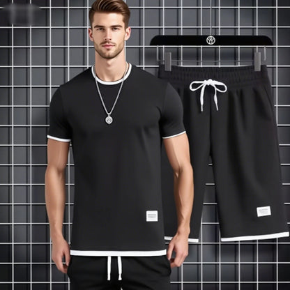 2025 New Summer Men's Waffle Set Casual T-shirt and Shorts Set Men's Sports Set Solid Color Sports Set Loose Set