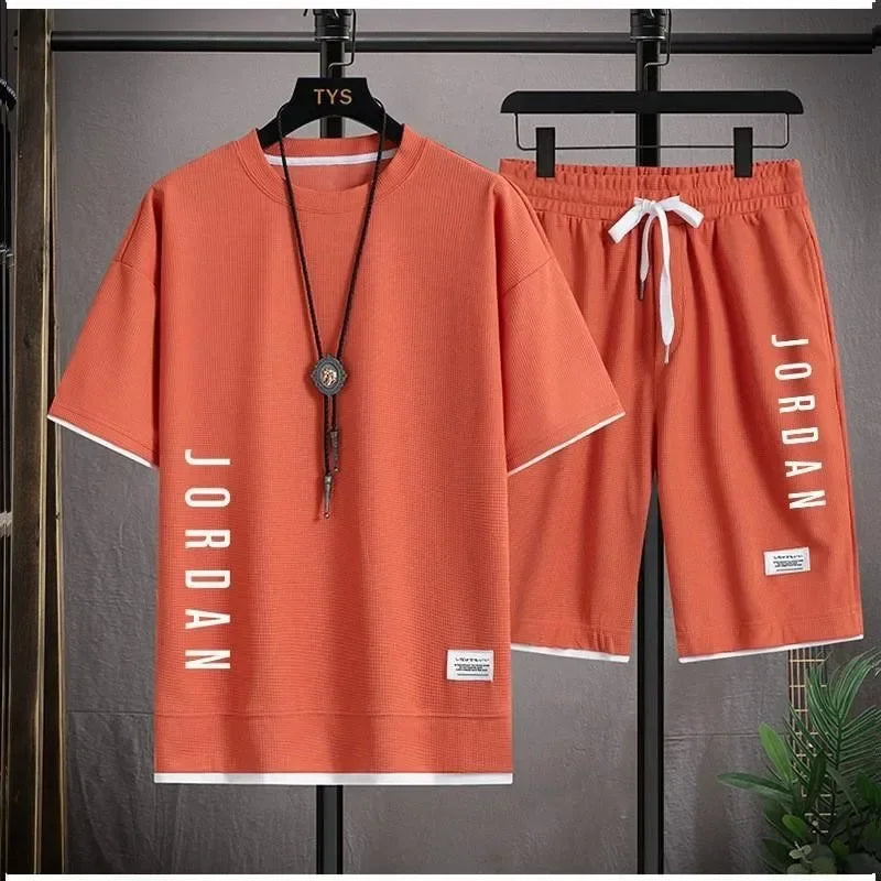 New Waffle Summer Casual T-shirt Shorts Set Men's Sportswear Youth Loose Set
