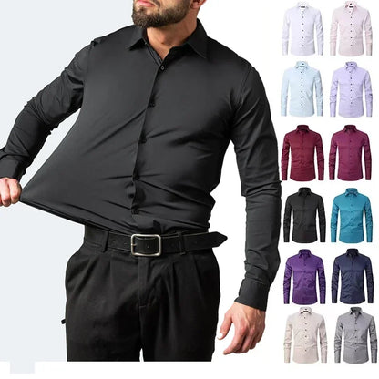 Men's long sleeved shirt, elastic, non ironing, wrinkle resistant, minimalist, business casual, silky, and traceless white shirt