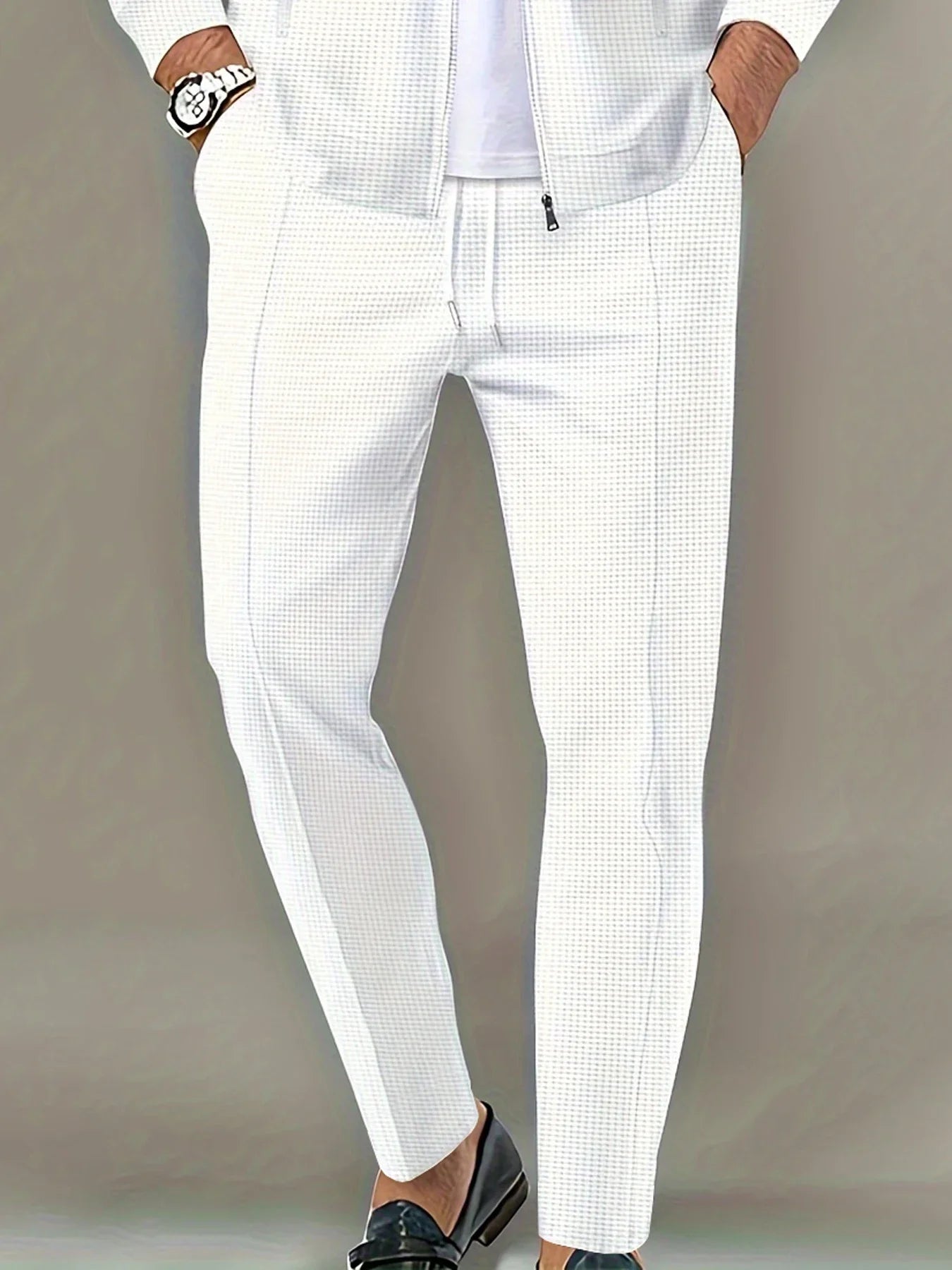 Men's Waffle Check Stand-Up Collar Semi-Casual Business Suit Button-Down Top with Comfortable Trousers have 1Pcs and 2Pcs Set