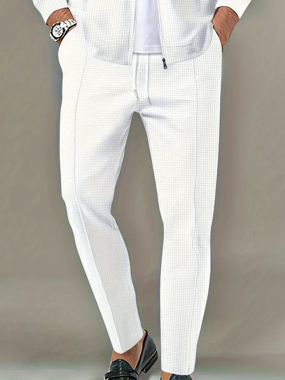 Men's Waffle Check Stand-Up Collar Semi-Casual Business Suit Button-Down Top with Comfortable Trousers have 1Pcs and 2Pcs Set