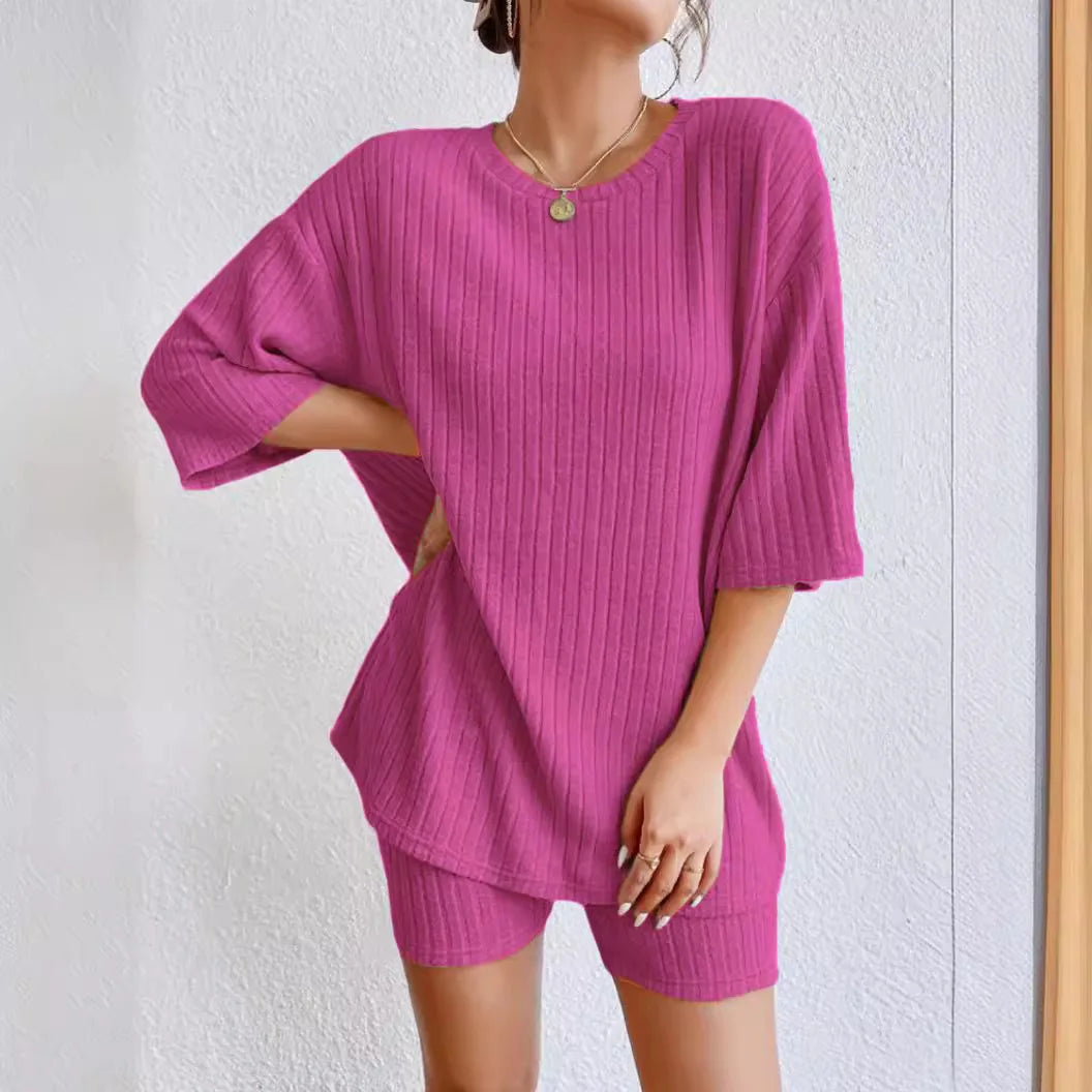 Fashionable Knitted Loose Casual Round Neck Summer Shorts Top Set Women'S Clothing Comfortable Breathable Solid Color Shorts Set