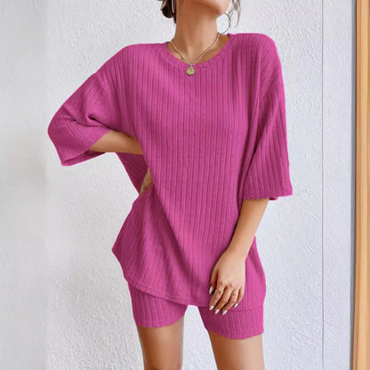 Fashionable Knitted Loose Casual Round Neck Summer Shorts Top Set Women'S Clothing Comfortable Breathable Solid Color Shorts Set