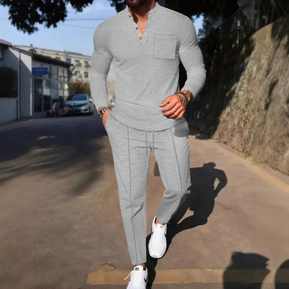 Men's Waffle Check Stand-Up Collar Semi-Casual Business Suit Button-Down Top with Comfortable Trousers have 1Pcs and 2Pcs Set