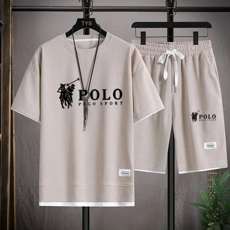 Men's two-piece short sleeved T-shirt and sports shorts summer fashion breathable casual waffle set