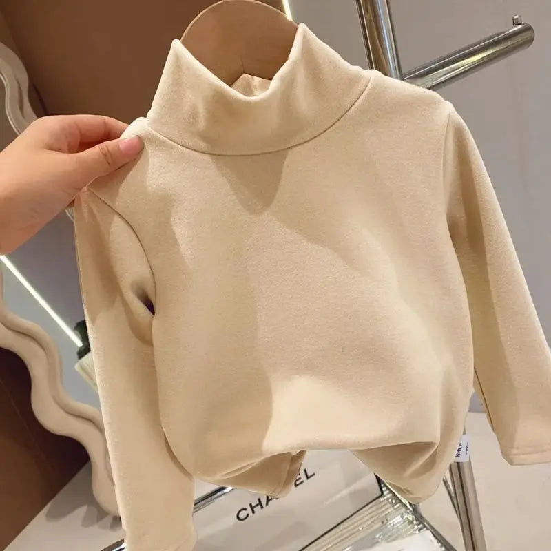 Baby Warm Top Boys and Girls Made Velvet Inner Solid Color Bottom Children's Autumn/Winter Half High Collar Long Sleeve T-shirt