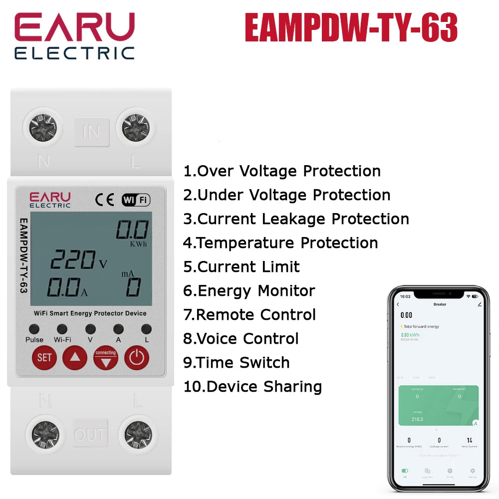 Tuya WiFi Smart Energy Meter Power kWh Meter Earth Leakage Over Under Voltage Protector Time Relay Device Switch Circuit Breaker