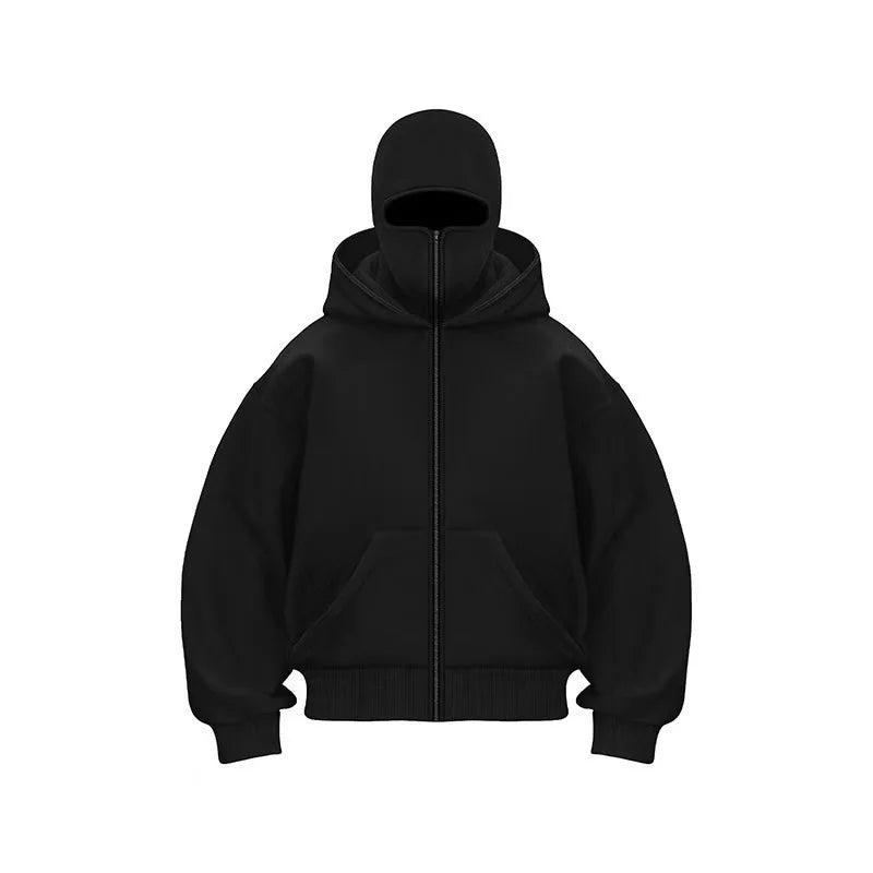 2025 Autumn Winter Men Zippered Hooded Sweatshirt Set - Balakrava Street Fashion Windproof Ninja Letter Design Two-Piece Set