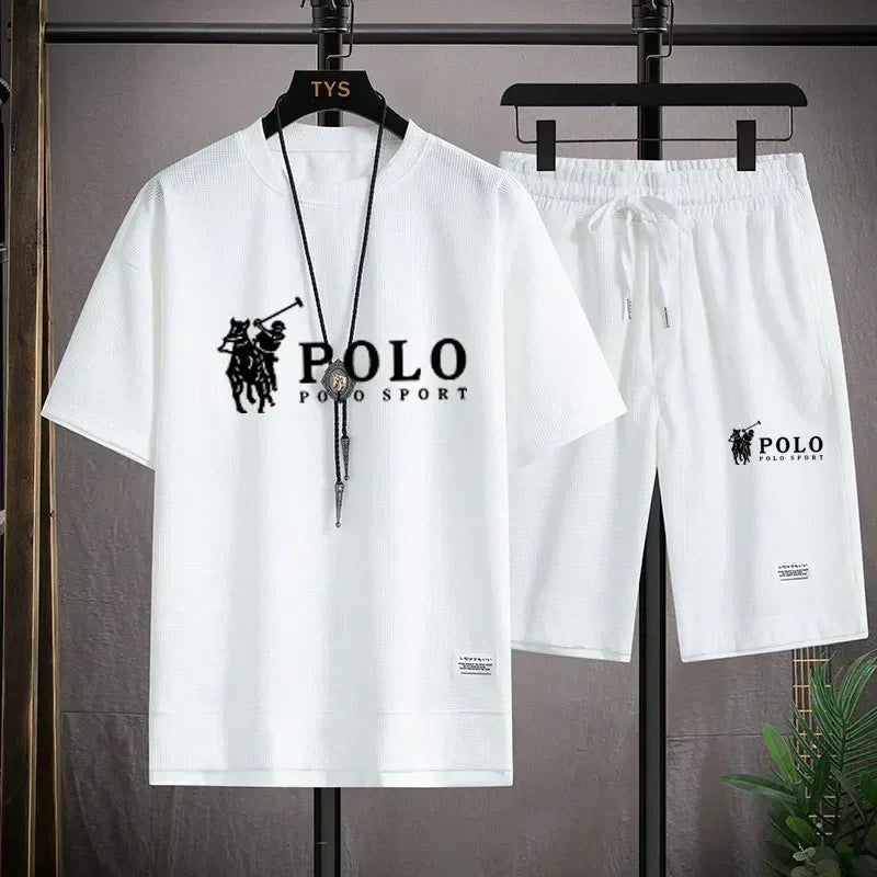 Men's two-piece short sleeved T-shirt and sports shorts summer fashion breathable casual waffle set