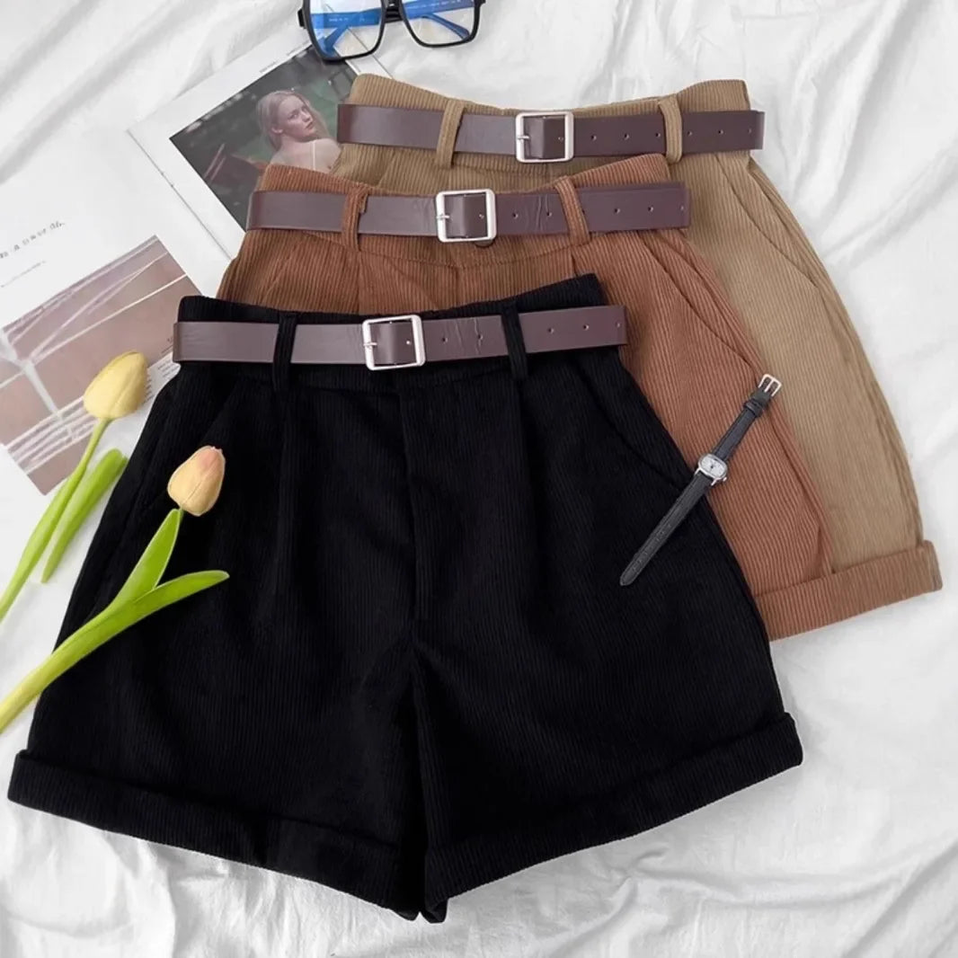 Retro Corduroy High Waist Short Pants Women's Autumn Winter Slim Wide Leg Pants Small Size Design Sense Cuffed Fashion Boot Pant