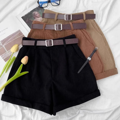 Retro Corduroy High Waist Short Pants Women's Autumn Winter Slim Wide Leg Pants Small Size Design Sense Cuffed Fashion Boot Pant