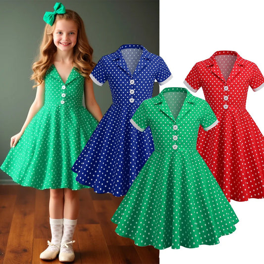 Vintage Dot Dress for Kids Girl Cosplay Party Princess Summer Prom Dress School Performance Clothing Full Pringting Children Dre
