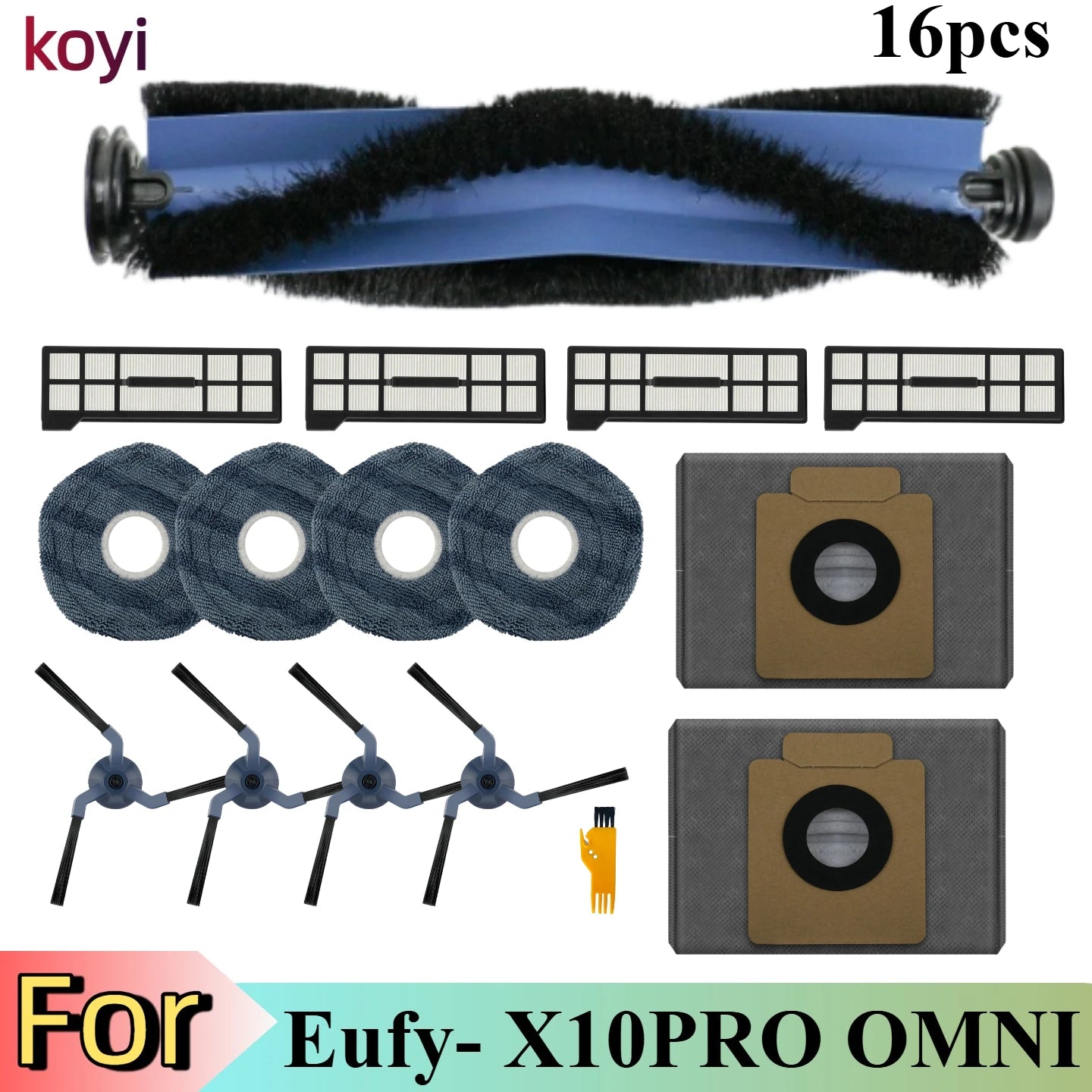 Replacement Parts Kit for Eufy X10 Pro Omni Robot Vacuum Accessories, Main Roller Brush Filters Dust Bags Side Brushes Mop Pads