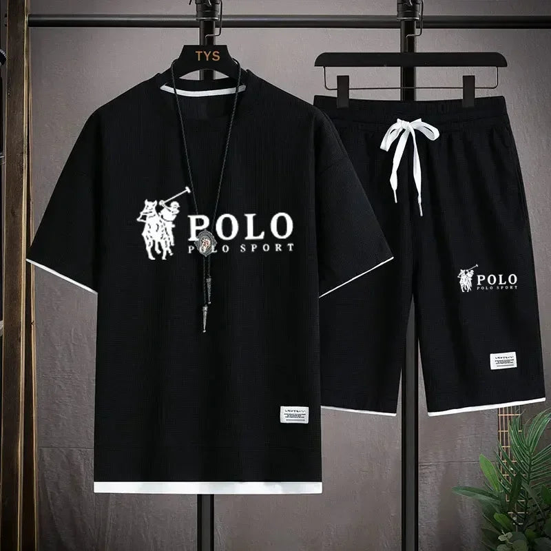 Men's two-piece short sleeved T-shirt and sports shorts summer fashion breathable casual waffle set