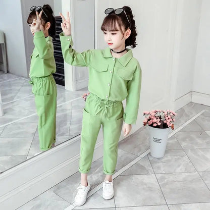 Children's Suits Spring Autumn Wear Girls Long Sleeved Tops + Trousers Kids 2 Suits Big Children Sport Sets Solid Color 12 Years