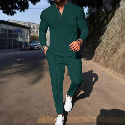 Men's Waffle Check Stand-Up Collar Semi-Casual Business Suit Button-Down Top with Comfortable Trousers have 1Pcs and 2Pcs Set