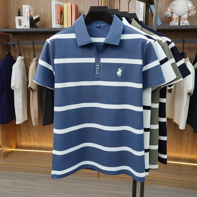 New Summer High-end Men's Embroidered Cotton Polo Shirt, Striped Lapel Short Sleeve, Young Casual Versatile Base T-shirt Tops