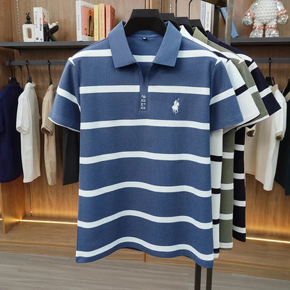 New Summer High-end Men's Embroidered Cotton Polo Shirt, Striped Lapel Short Sleeve, Young Casual Versatile Base T-shirt Tops