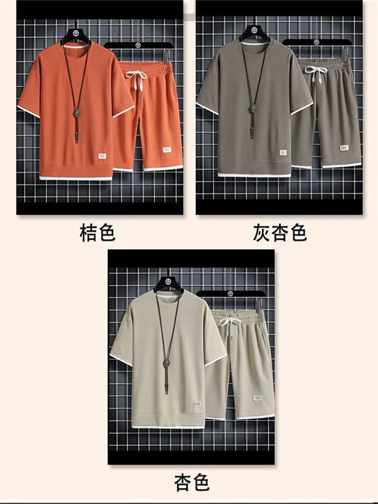 New Waffle Summer Casual T-shirt Shorts Set Men's Sportswear Youth Loose Set