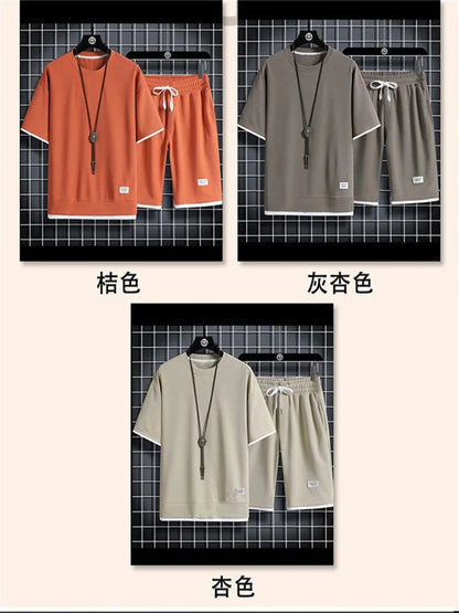 New Waffle Summer Casual T-shirt Shorts Set Men's Sportswear Youth Loose Set