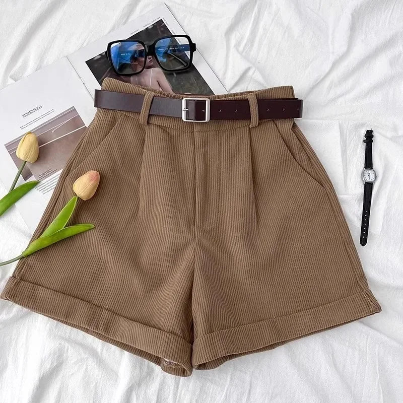 Retro Corduroy High Waist Short Pants Women's Autumn Winter Slim Wide Leg Pants Small Size Design Sense Cuffed Fashion Boot Pant