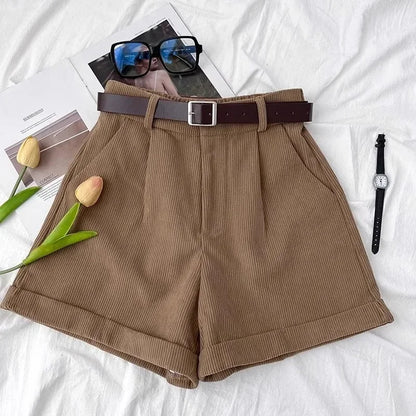 Retro Corduroy High Waist Short Pants Women's Autumn Winter Slim Wide Leg Pants Small Size Design Sense Cuffed Fashion Boot Pant