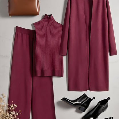 Autumn and Winter Women's Outfit, Solid Color Sweater Three-Piece Set, Cardigan Jacket Ensemble, Casual Elegant Ladies' Suit, Korean Style Top and Bottom Set, Fabric Wide-Leg Pants Set, Fabric Vest Set, Commuter Style Outfit,