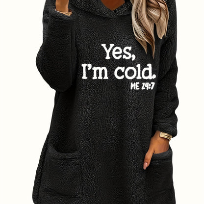 Women's "Yes I'm Cold" Printed Teddy Bear Hooded Sweatshirt - 100% Polyester Relaxed Fit Long Sleeve Pullover with Double Pockets, Cozy Fleece-Lined Casual Winter Top for Fall & Winter