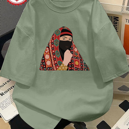 Women'S Casual Crew Neck T-Shirt, Short Sleeve, Regular Length, Alphabet Pattern, with Headscarf and Floral Print Design, for Spring/Summer