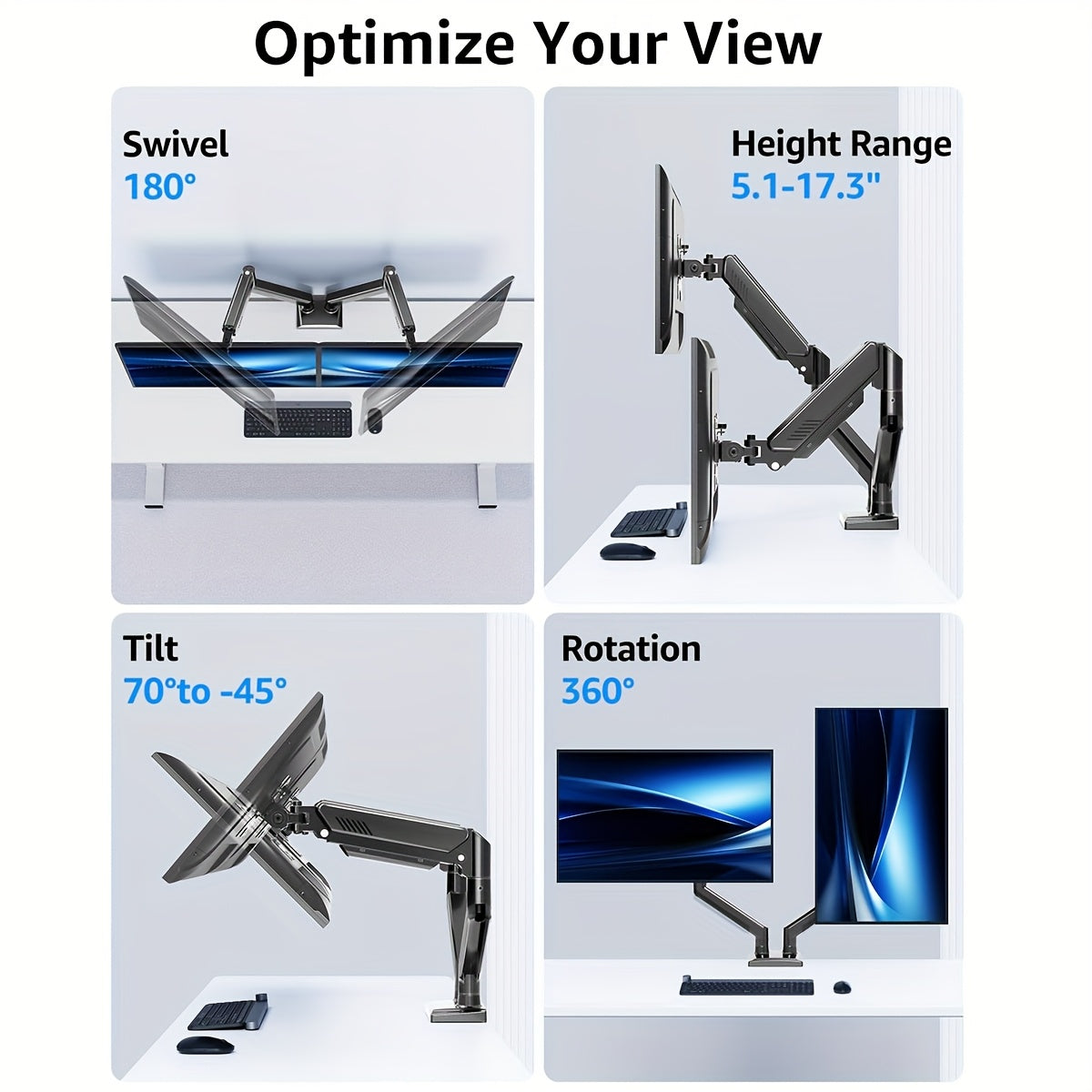 Adjustable Dual Monitor Stand for 33.02-81.28 cm Screens, Supports up to 9.03 KG, Tilt and Swivel, VESA 75x75/100x100, Space-Saving Design Suitable for Home and Office
