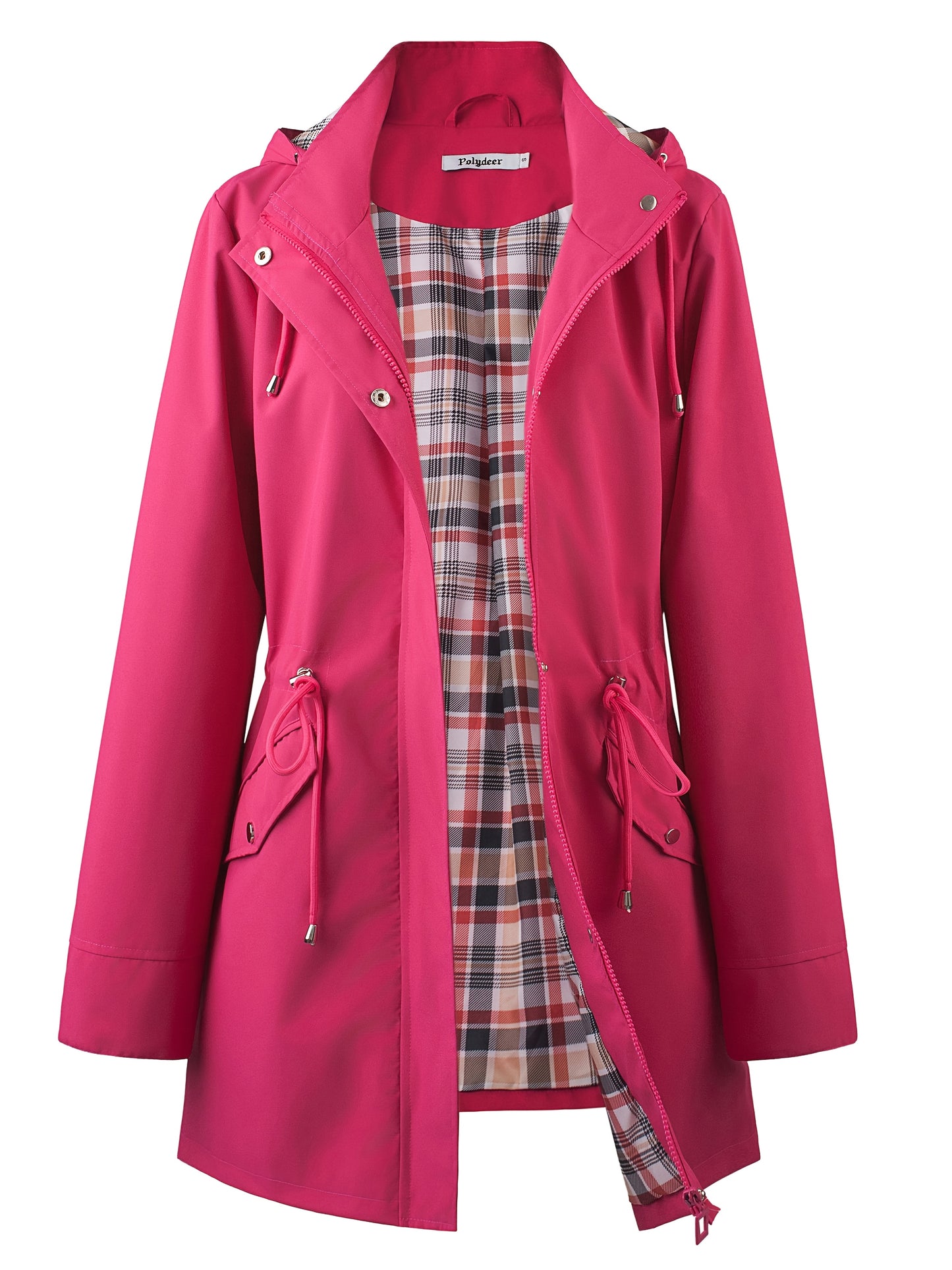 Women's Beige Hooded Zip-Up Trench Coat with Drawstring Waist & Multiple Pockets - Casual Long Sleeve Jacket for Fall & Winter, Machine Washable