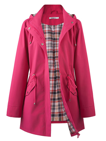 Women's Beige Hooded Zip-Up Trench Coat with Drawstring Waist & Multiple Pockets - Casual Long Sleeve Jacket for Fall & Winter, Machine Washable