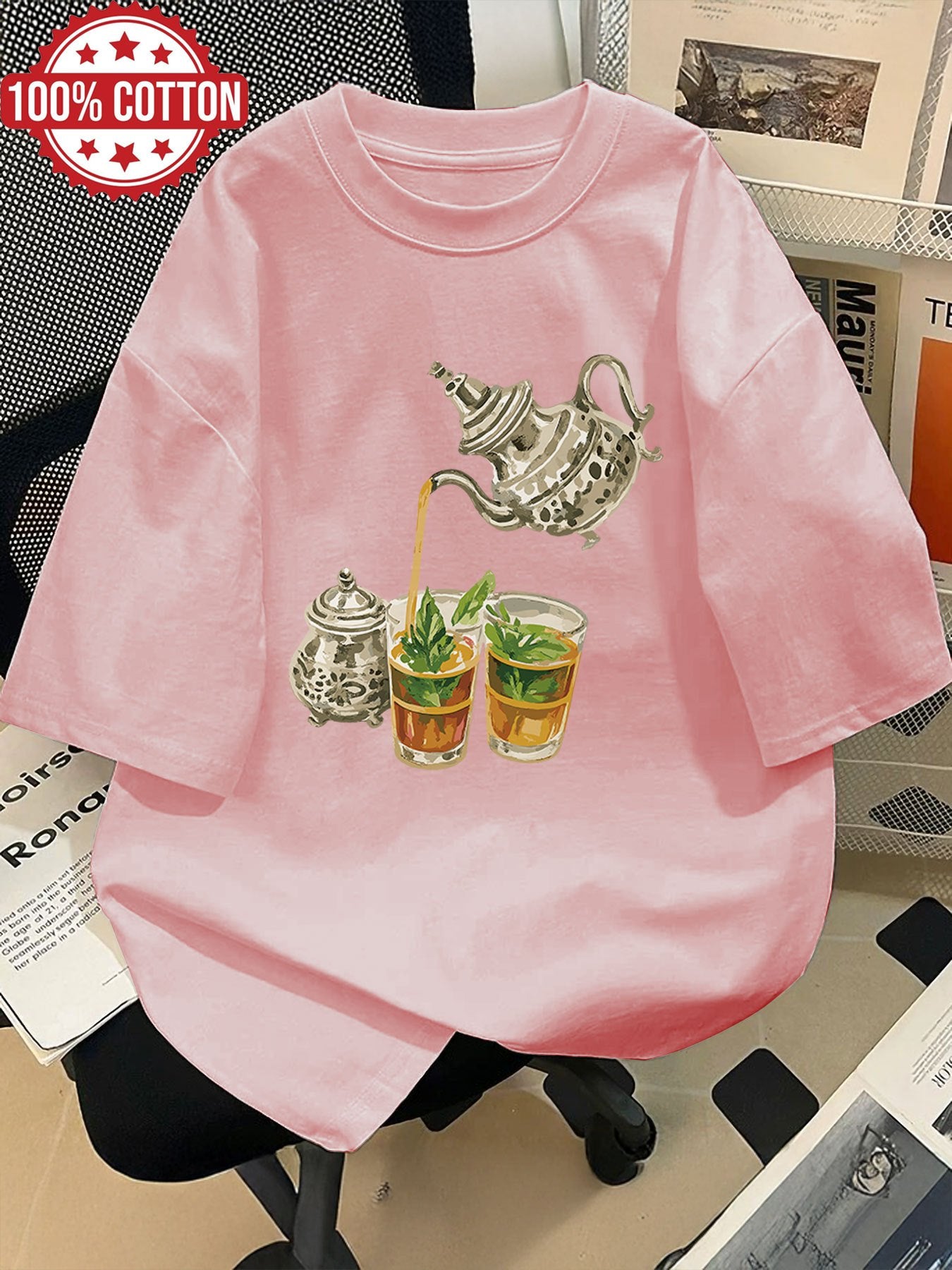 Women'S Casual Short Sleeve Crew Neck T-Shirt with Hand-Painted Teapot & Mint Leaf Illustration - Light Green, Spring/Summer Fashion Top, Casual Wear | Whimsical Design | Fabric