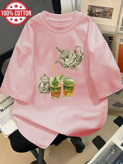 Women'S Casual Short Sleeve Crew Neck T-Shirt with Hand-Painted Teapot & Mint Leaf Illustration - Light Green, Spring/Summer Fashion Top, Casual Wear | Whimsical Design | Fabric