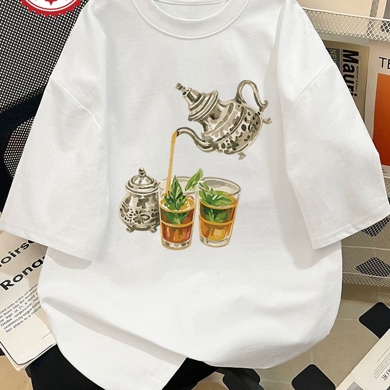 Women'S Casual Short Sleeve Crew Neck T-Shirt with Hand-Painted Teapot & Mint Leaf Illustration - Light Green, Spring/Summer Fashion Top, Casual Wear | Whimsical Design | Fabric